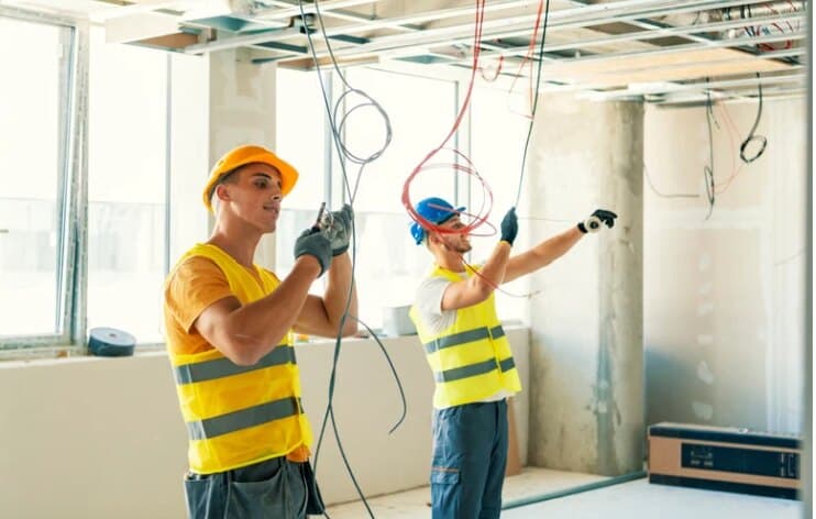 Electricians installing wiring in a commercial office